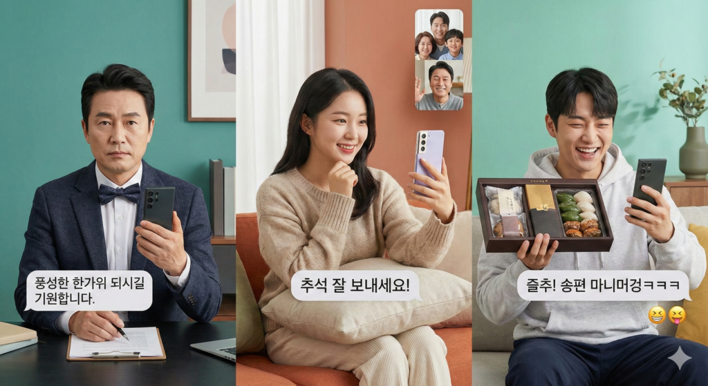 진중한, 다정한, 유쾌한 세 가지 유형의 사람들이 2026년 추석 인사말을 준비하는 모습.