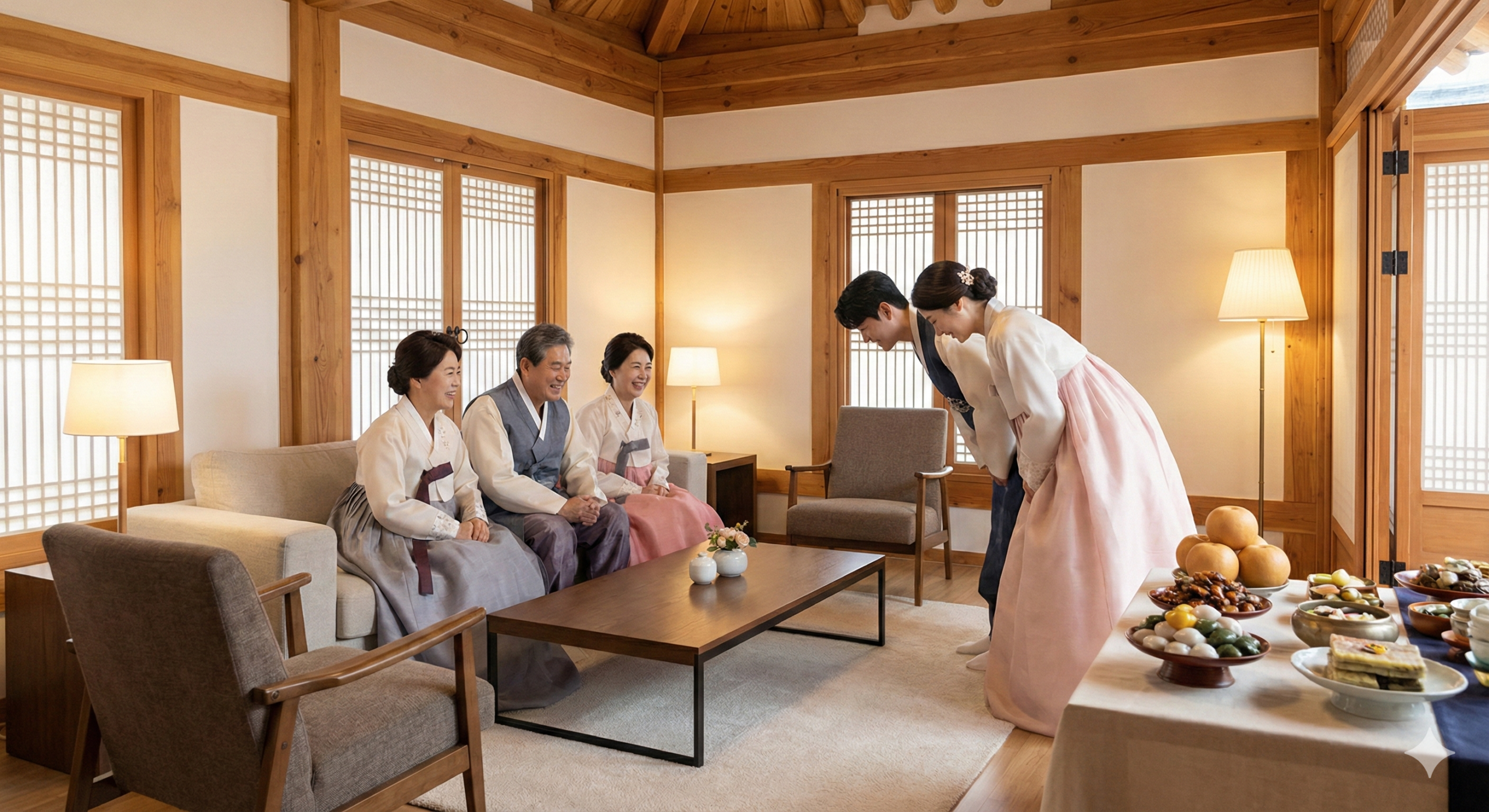 2026년 추석, 며느리와 사위가 시월드 및 처월드 어른들께 정중하게 인사드리는 화목한 명절 풍경.